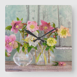 Flowers   Hellebores in Vases Square Wall Clock
