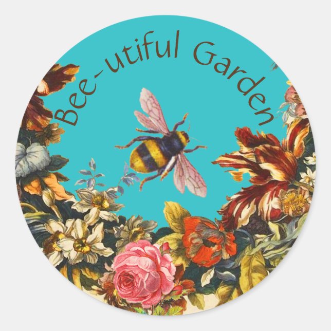 FLOWERS ,HONEY BEE IN BLUE SKY FLORAL BEEKEEPING CLASSIC ROUND STICKER (Front)