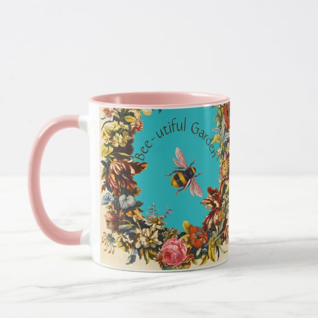 FLOWERS ,HONEY BEE IN BLUE SKY FLORAL BEEKEEPING MUG (Left)