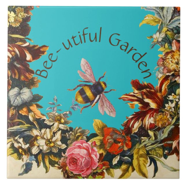 FLOWERS ,HONEY BEE IN BLUE SKY FLORAL BEEKEEPING TILE (Front)