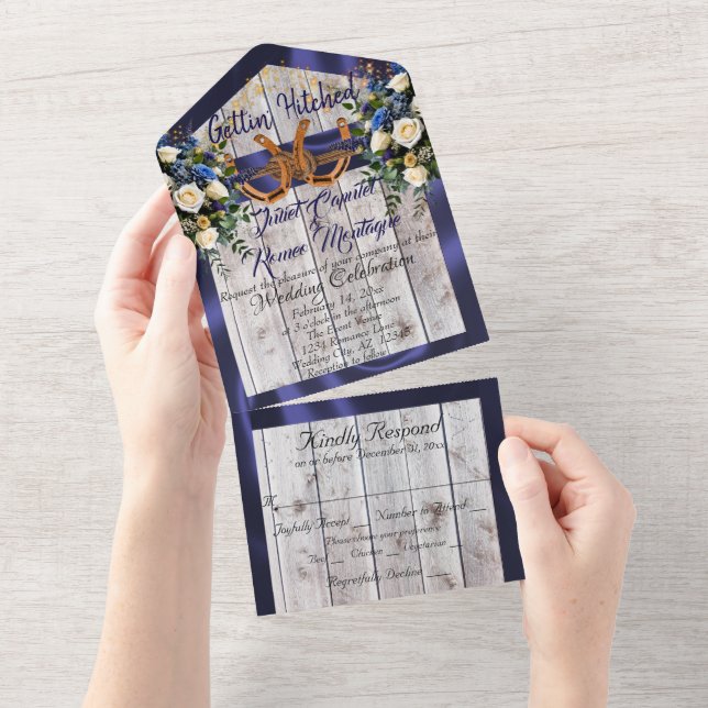 Flowers & Horseshoes, Blue Ribbon All In One Invitation (Tearaway)