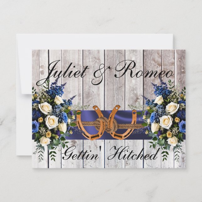 Flowers & Horseshoes, Blue Ribbon Invite (Front)