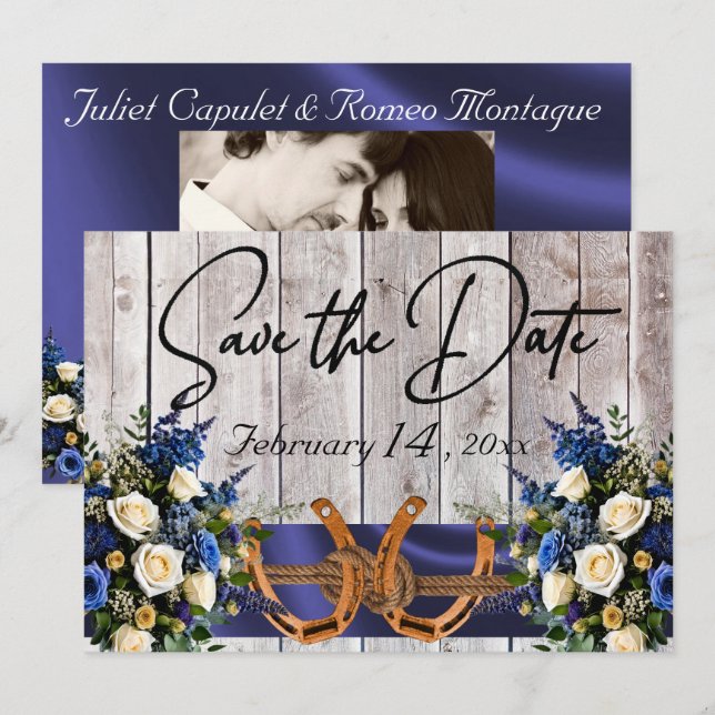 Flowers & Horseshoes, Blue Ribbon Wedding Save The Date (Front/Back)