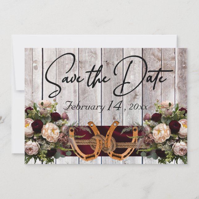 Flowers & Horseshoes, Burgundy Ribbon Wedding Save The Date (Front)