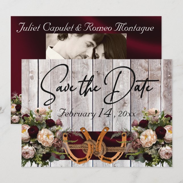 Flowers & Horseshoes, Burgundy Ribbon Wedding Save The Date (Front/Back)