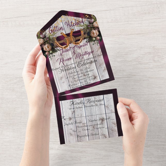 Flowers & Horseshoes, Purple Ribbon All In One Invitation (Tearaway)