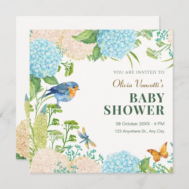 Flowers Hydrangea Bird Butterfly baby shower Invitation (Front/Back)