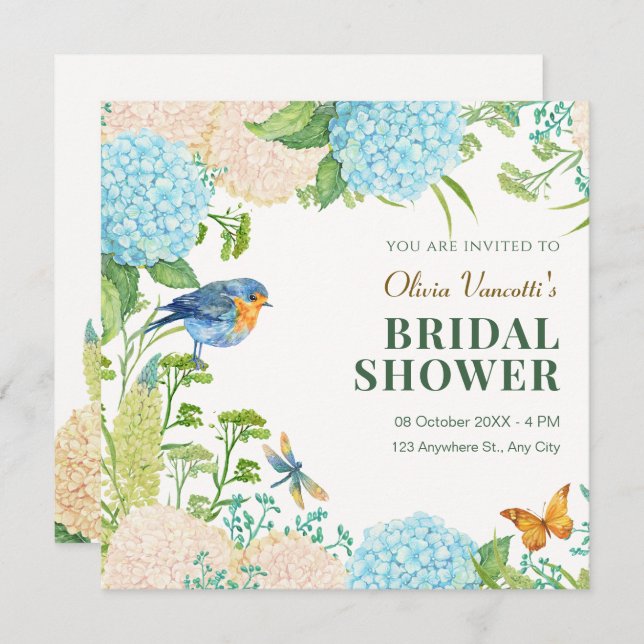 Flowers Hydrangea Bird Butterfly bridal shower Invitation (Front/Back)