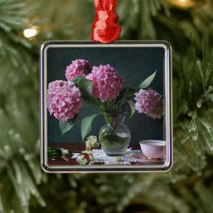 Flowers Hydrangeas in Vase Metal Tree Decoration