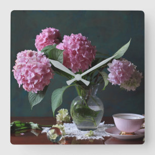 Flowers Hydrangeas in Vase Square Wall Clock