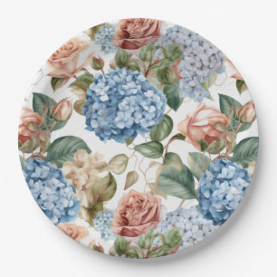 Flowers,hydrangeas,vintage roses,pink roses paper plate