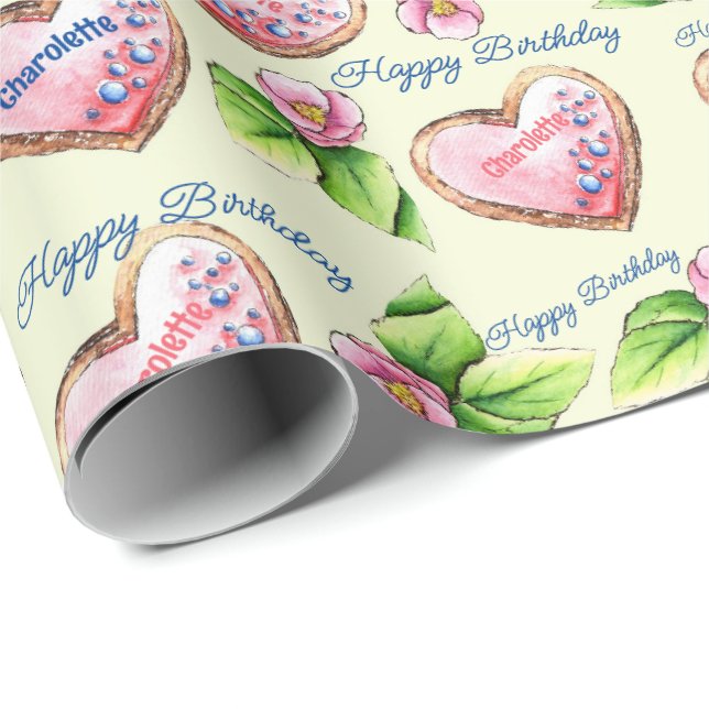 Flowers & Iced Cookies Add Name Birthday Text Wrapping Paper (Roll Corner)