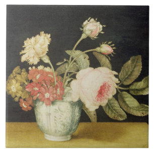 Flowers in a Delft Jar (oil on panel) Tile
