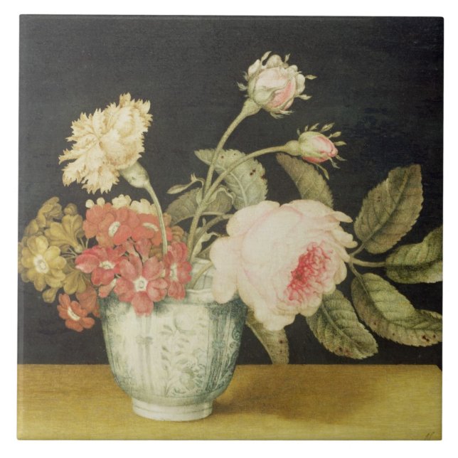 Flowers in a Delft Jar (oil on panel) Tile (Front)