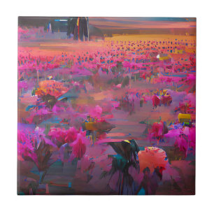 Flowers in a field bright fuschia digital art  tile