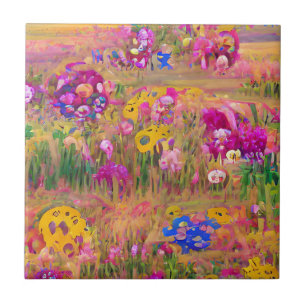 Flowers in a field bright psychedelic digital art  tile