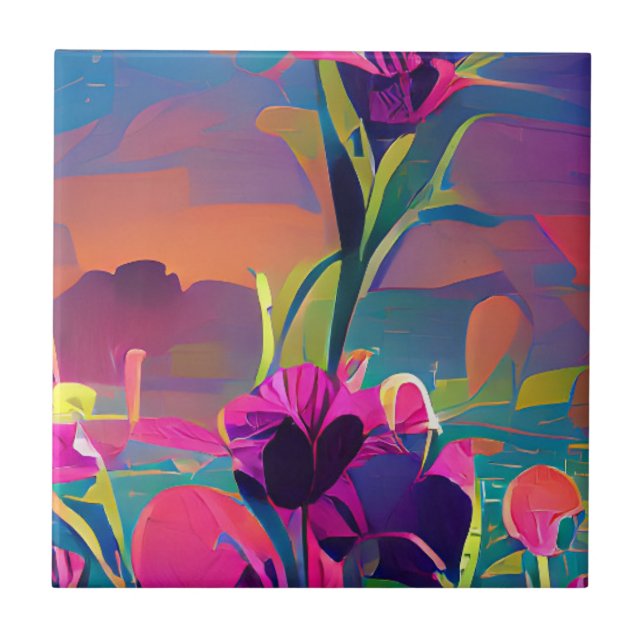 Flowers in a field colourful abstract digital art  tile (Front)