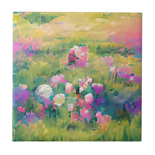 Flowers in a field purple pink white digital art  tile