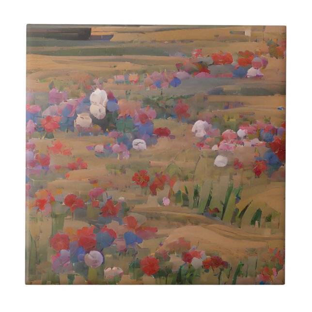 Flowers in a field red white and blue digital art  tile (Front)