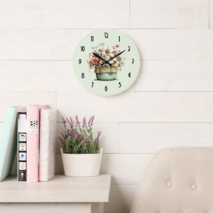 Flowers in a Pot Cosy Shabby Cute Large Clock