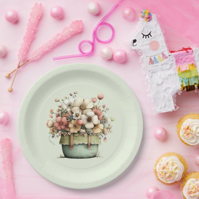 Flowers in a Pot Cosy Shabby Cute Paper Plate (Party)