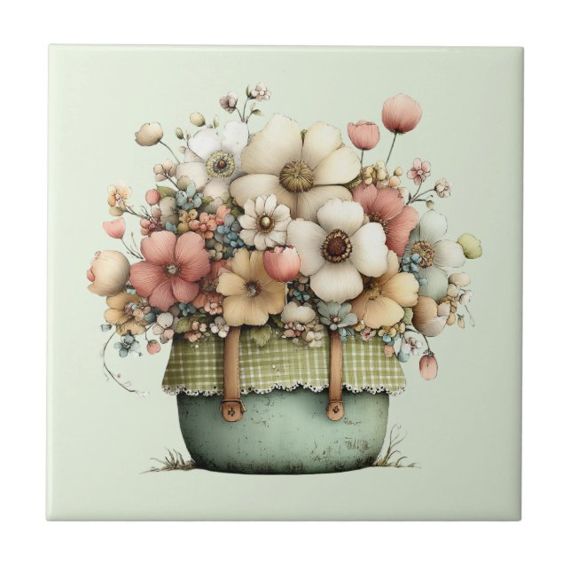 Flowers in a Pot Cosy Shabby Cute Tile (Front)