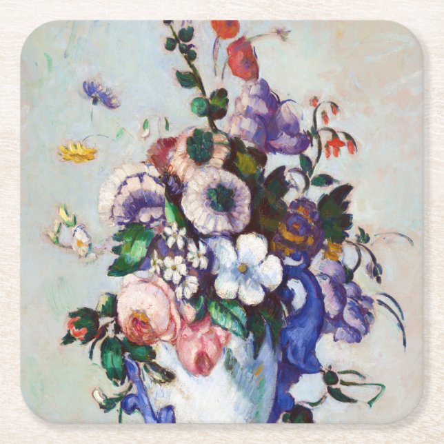 Flowers in a Rococo Vase, Paul Cezanne Square Paper Coaster (Front)