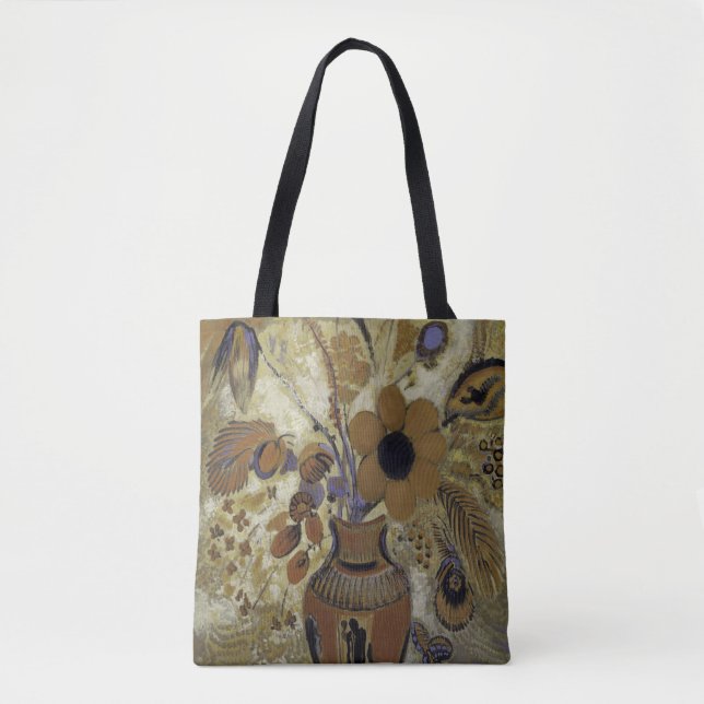 flowers in a vase, brown and blue tote bag (Front)