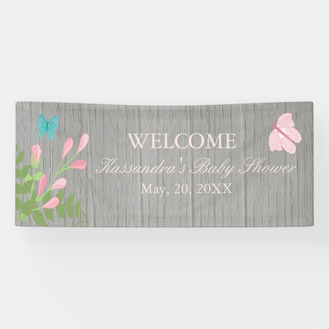 Flowers In Bloom With Butterfly Baby Shower Banner (Horizontal)