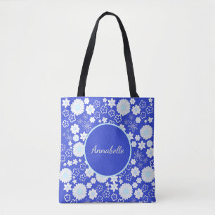 Flowers in Blue Floral Pattern Custom Named  Tote Bag