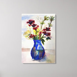 Flowers in Blue Vase Canvas Watercolor Print