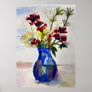 Flowers in Blue Vase Watercolor Art Print