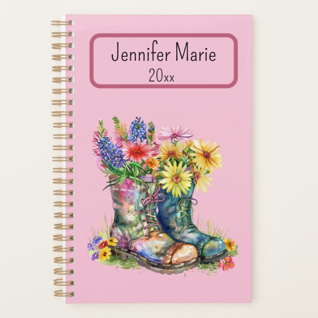 Flowers in Boots Personalise with Name, Year Planner (Front)