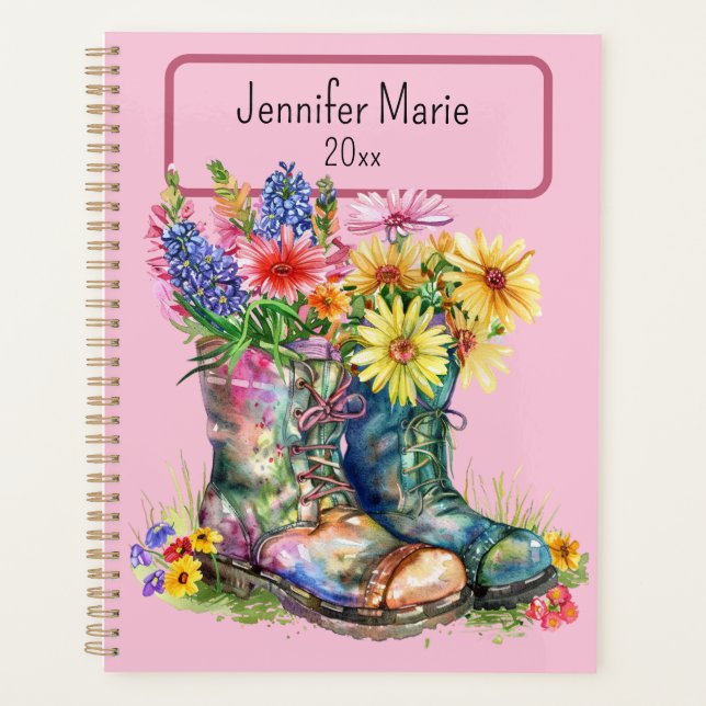 Flowers in Boots Personalise with Name, Year Planner (Front)