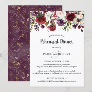 Flowers in Burgundy, Plum, Pink Rehearsal Dinner Invitation