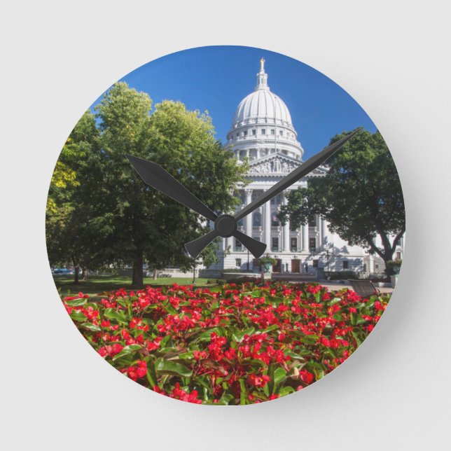 Flowers In Front Of State Capitol Building Round Clock (Front)