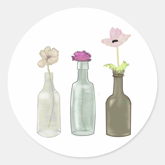flowers in glass bottles . Pastel colours Classic Round Sticker (Front)