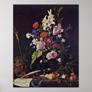 Flowers in glass vase by Jan Davidsz. de Heem Poster