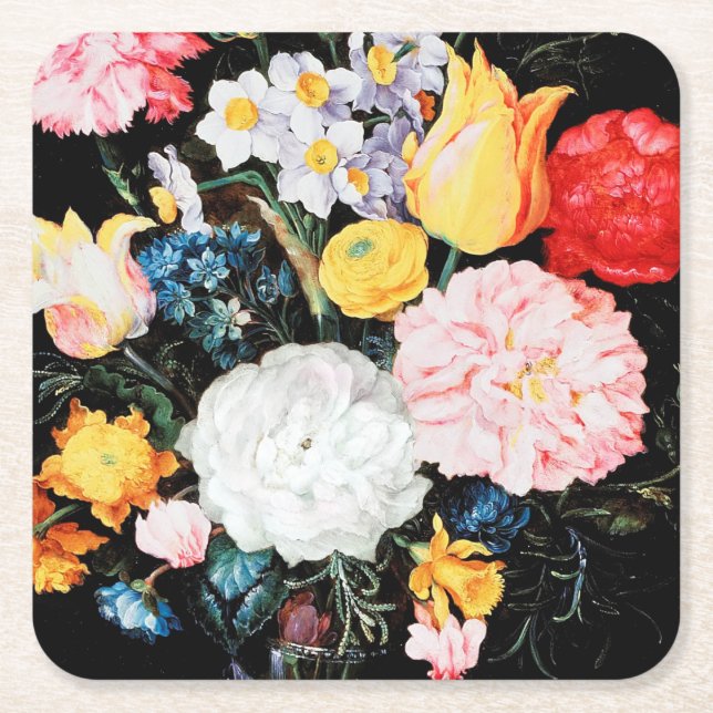 Flowers in Glass Vessel, Jan Brueghel the Younger Square Paper Coaster (Front)