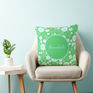 Flowers in Green Floral Pattern Custom Named Cushion