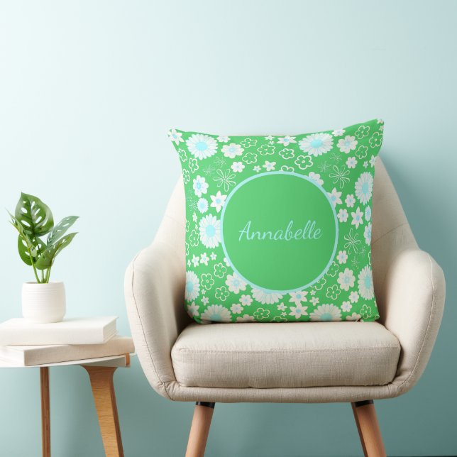 Flowers in Green Floral Pattern Custom Named  Cushion (Chair)