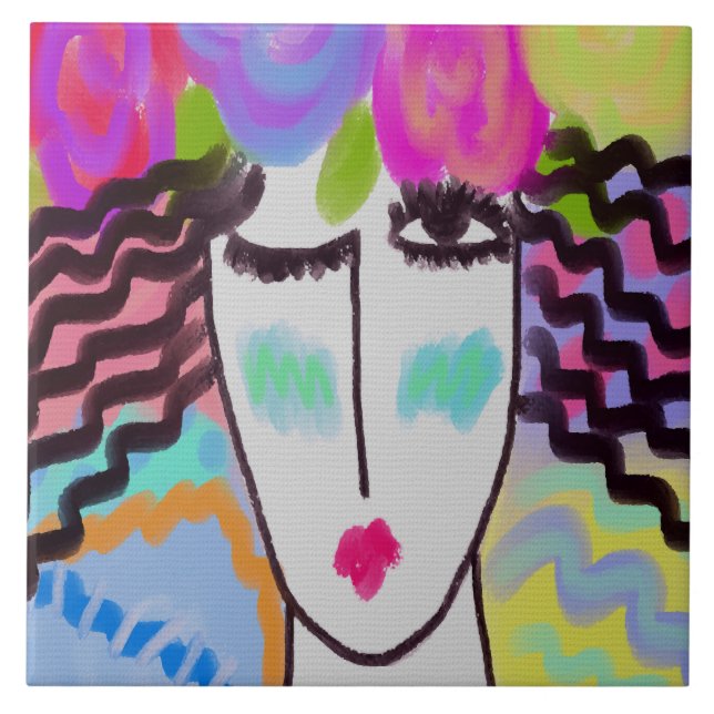 Flowers in Her Hair Abstract Digital Painting Tile (Front)