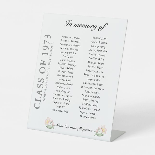 Flowers In Memory Of Class Reunion Up to 40 Names Pedestal Sign (Front)