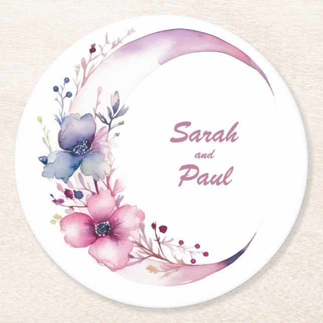 Flowers in Pink Moon: Personalized Wedding Coaster (Front)