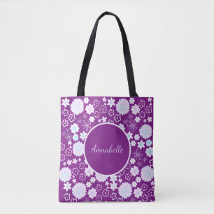 Flowers in Purple Floral Pattern Custom Named Tote Bag