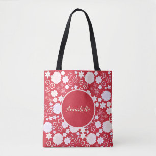 Flowers in Red Floral Pattern Custom Named Tote Bag