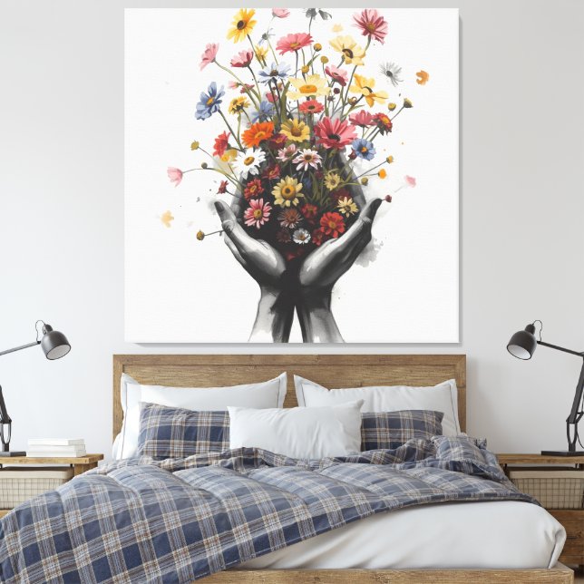 Flowers in Sketched hands Canvas Print (Insitu(Bedroom))