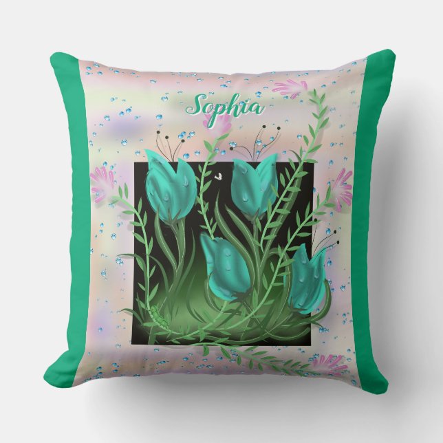 Flowers in the Wall, Teal Personalised Pillow (Front)