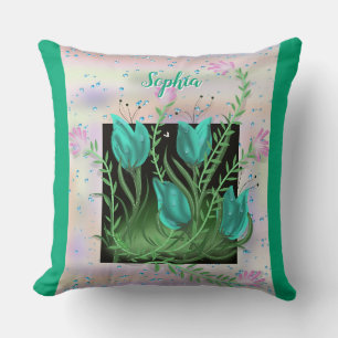 Flowers in the Wall, Teal Personalized Pillow