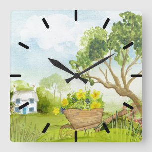 Flowers in the Wheelbarrow Landscape Square Wall Clock